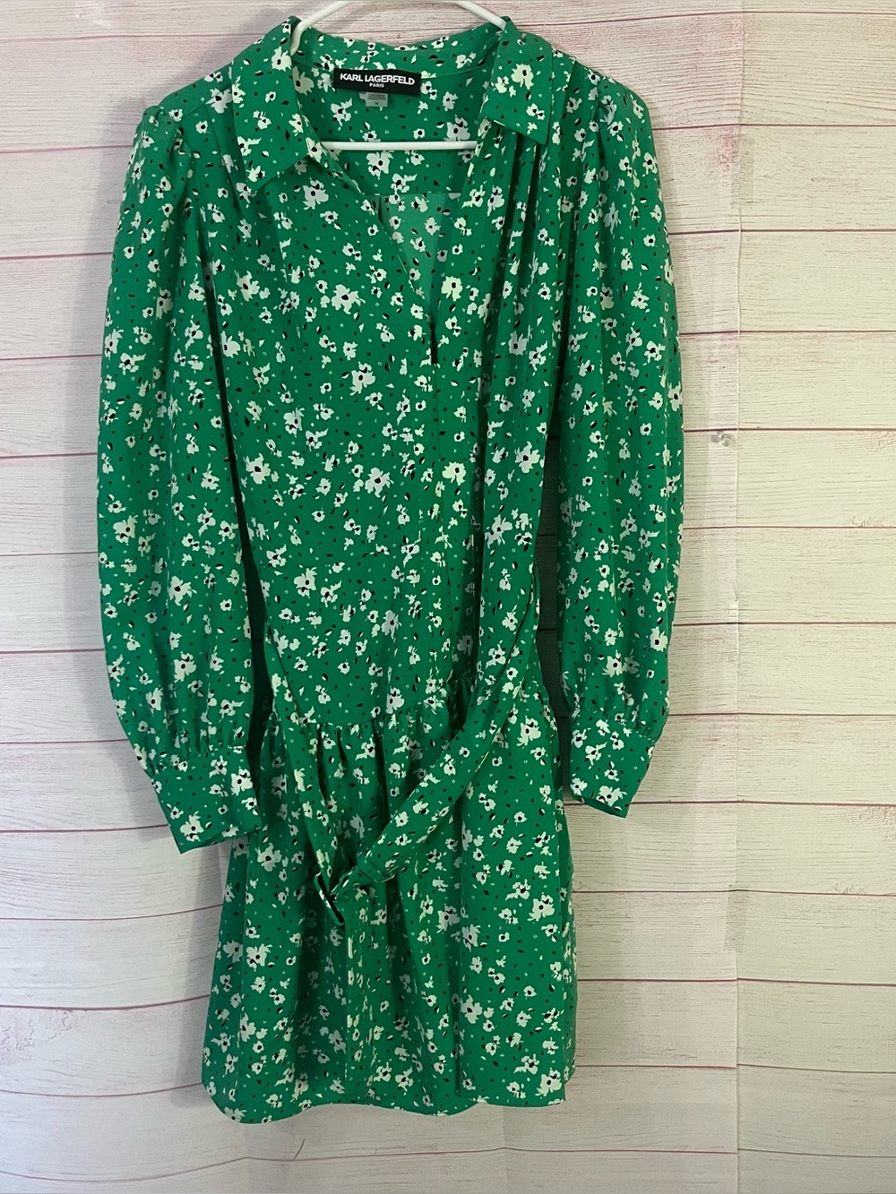 Karis Lagerfeld Green Floral Long Sleeve Belted Zipper Front Shirt Dress Size 14